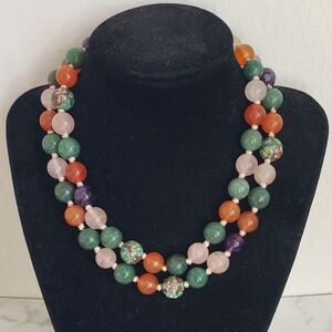 Antique 1930s Chinese Export Silver Enamel knotted Beaded Necklace Jade Pink 32"